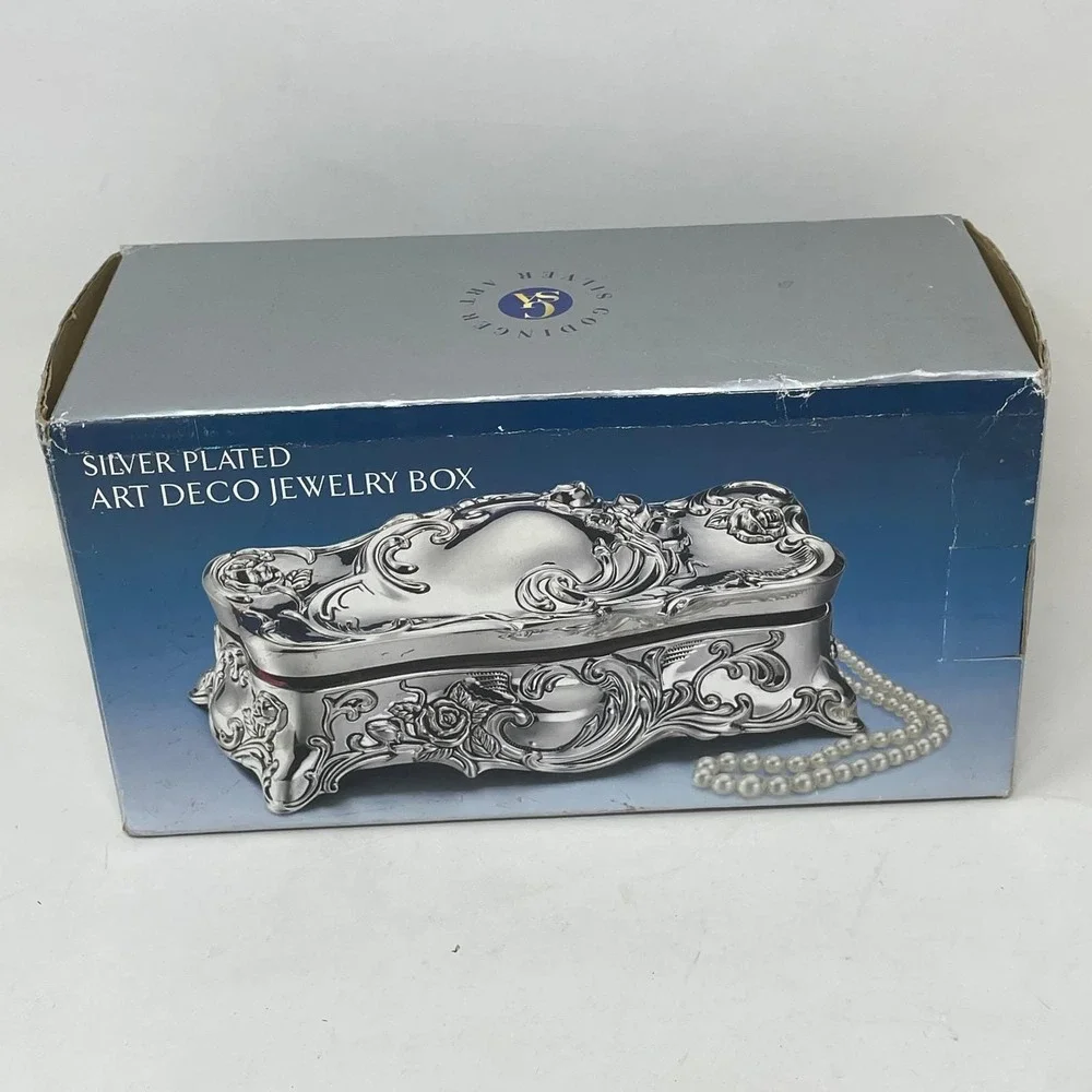 Godinger Silver Art Co Silver Plated Art Deco Jewelry Box Ornate Floral 9927 NIB